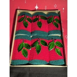 VTG MCM 6 Red & Green Terry Cloth Christmas Koozies W/Holly Original Box